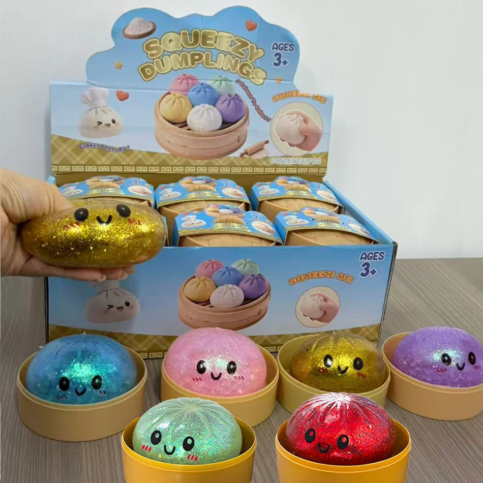New 1-12Pcs Glitter Dumpling Glitter Dumpling Squishy with Box Dumplings Sensory Squeeze Toy for Stress Relief