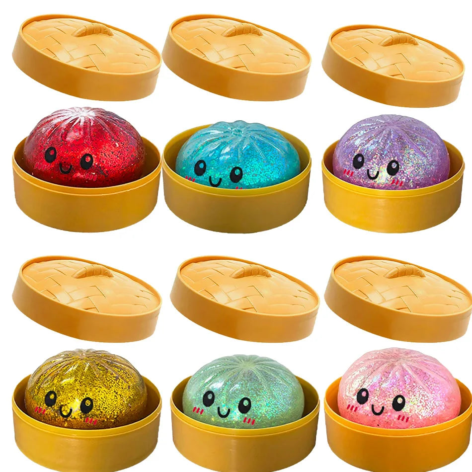 New 1-12Pcs Glitter Dumpling Glitter Dumpling Squishy with Box Dumplings Sensory Squeeze Toy for Stress Relief