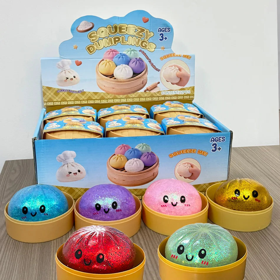 New 1-12Pcs Glitter Dumpling Glitter Dumpling Squishy with Box Dumplings Sensory Squeeze Toy for Stress Relief