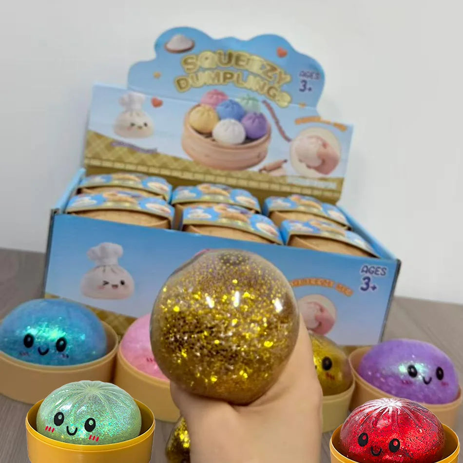 New 1-12Pcs Glitter Dumpling Glitter Dumpling Squishy with Box Dumplings Sensory Squeeze Toy for Stress Relief