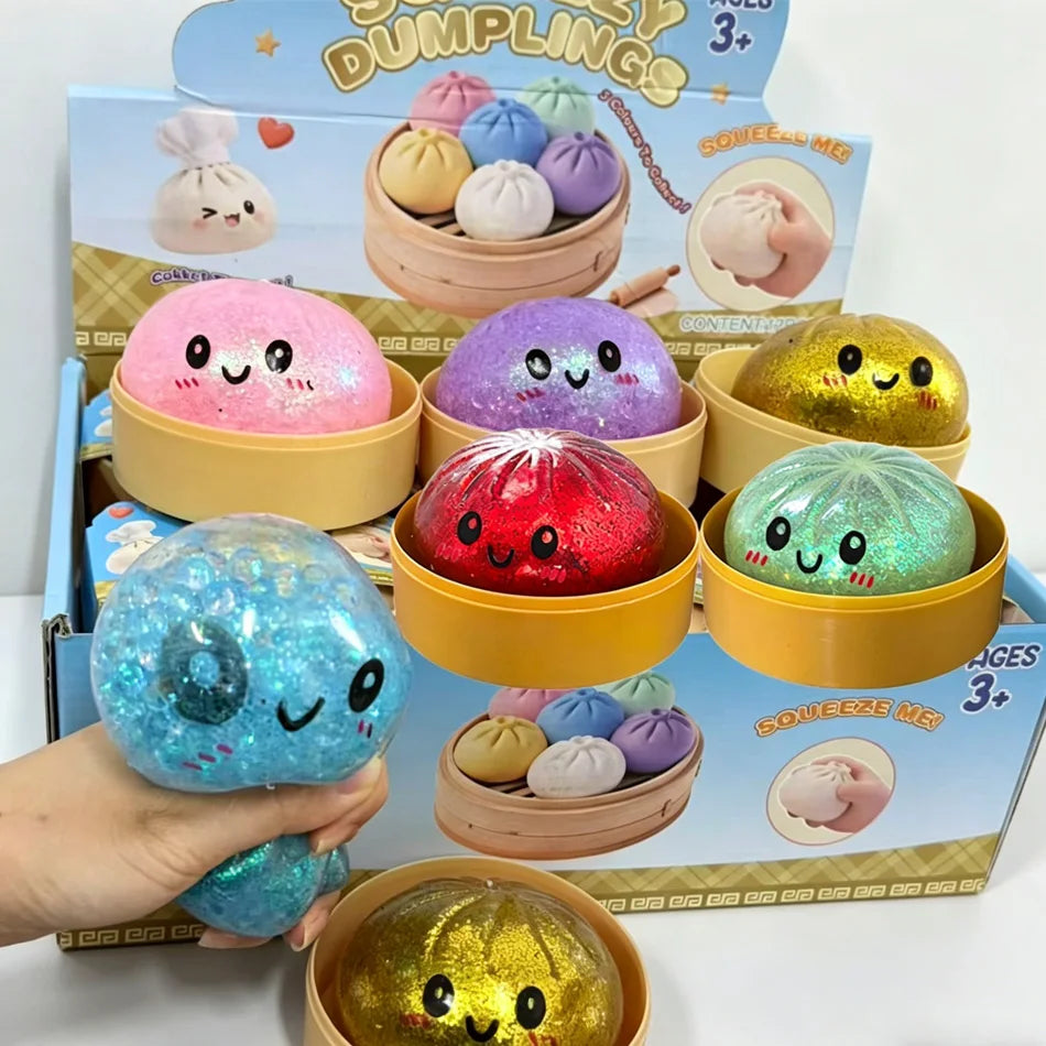 New 1-12Pcs Glitter Dumpling Glitter Dumpling Squishy with Box Dumplings Sensory Squeeze Toy for Stress Relief