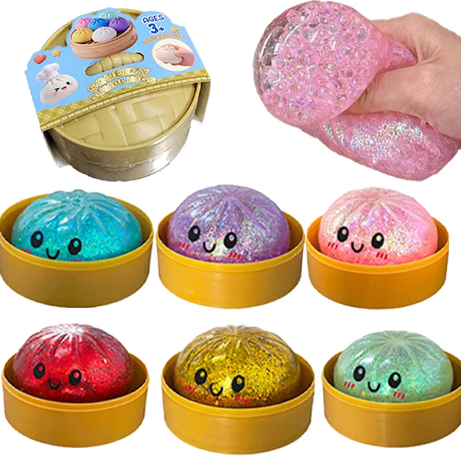 New 1-12Pcs Glitter Dumpling Glitter Dumpling Squishy with Box Dumplings Sensory Squeeze Toy for Stress Relief